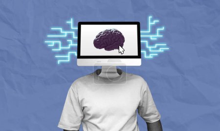 Cerebro interfaz informática concepto collage arte. Uso de la tecnología para mejorar el rendimiento cerebral y para ayudar a las actividades físicas.