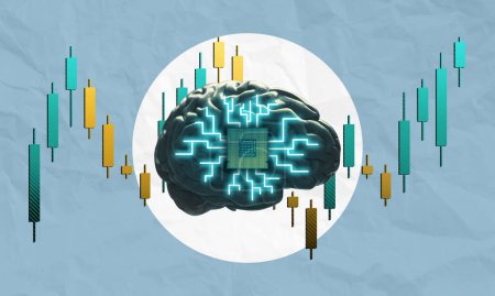 Brain implant usage for stock market trading concept collage art. Machine learning AI trading robot.