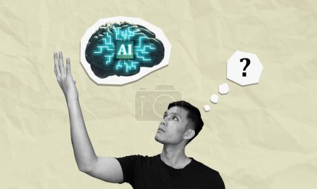 AI brain implant discovery concept collage art. Young male person discover new artificial intelligence technology and wondering about the good and the bad. Question mark symbol.