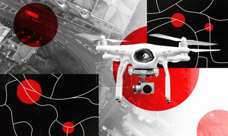 Drone police patrolling the city concept collage art. Abstract illustration of surveillance in the sky over city streets. Can be used as cover image for news banner.