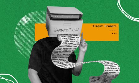 Generative KI Konzeptcollage-Kunst. Mann mit Druckerkopf, der künstliche Intelligenz repräsentiert, sammelt Daten von der Eingabeaufforderung und generiert binären Code in Papier.