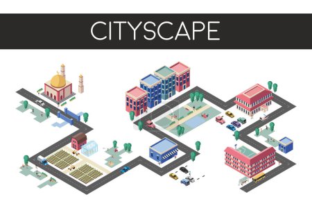 Isometric cityscape illustration, simple city landscape design with building blocks, public amenities, parks, vehicle, and people roaming the area. Functional urban living miniature concept artwork.