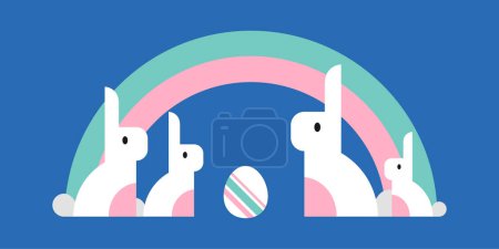 Cartoon Easter bunny and Easter egg illustration with green and pink rainbow, isolated on blue background