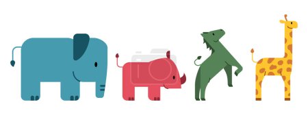 Sets von Zeichentrick-Zootieren auf weißem Hintergrund. Einfache, niedliche und bunte Vektorillustration für Kinder. Elefant, Nashorn, Pferd und Giraffen-Doodle