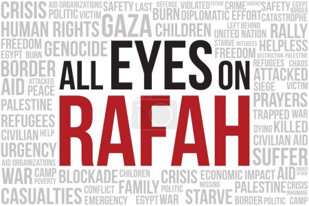 Ilustración de Todos los ojos en Rafah - Diseño gráfico rojo y negro para camiseta, banner, fondo, etc. - Imagen libre de derechos