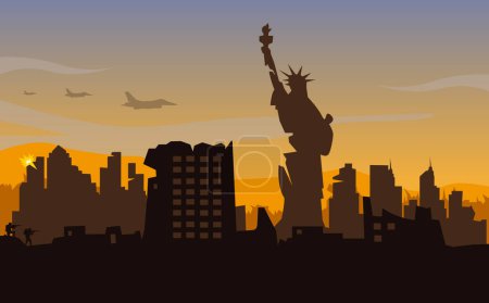 Illustration for War in new york city, City destroyed, soldier background, soldier silhouette, Artillery, Cavalry, Tank, Warplane. - Royalty Free Image