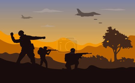 Illustration for War military vector illustration, army background, soldier silhouette, Artillery, Cavalry, warplane. - Royalty Free Image