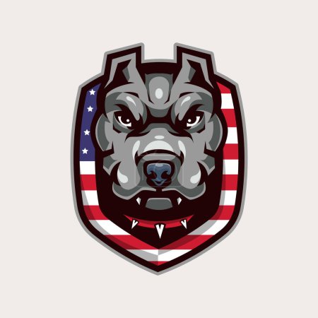 Illustration for Dog vector mascot logo design with modern illustration concept style for badge, emblem and tshirt printing. angry pit bull illustration with a necklace around the neck and shield american flag - Royalty Free Image