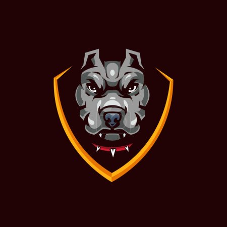 Téléchargez les illustrations : Pitbull Head in Shield Mascot Logo for Sport and Gaming isolated on dark Background - en licence libre de droit