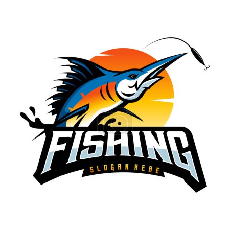 Logotipo de pez marlin aislado en fondo blanco. Emblema de pesca de pez espada para club deportivo, Torneo de pesca, Ilustración de plantilla de diseño de logotipo de pesca.