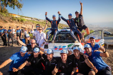 Photo for S-CER Spanish Rally Championship , winner Pepe Lopez and co-driver Borja Rozada celebrate victory at the Rally Villa de Adeje - Royalty Free Image