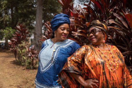 Téléchargez les photos : Two African female friends dressed in traditional clothing look at each other smiling during a walk - en image libre de droit