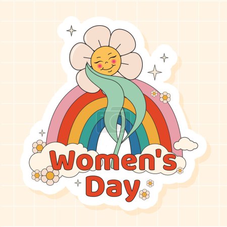Women's Day sticker. March 8. Groovy flower character in a trendy retro psychedelic style 60s, 70s. Cute cartoon flower with a funny face. Vector illustration.