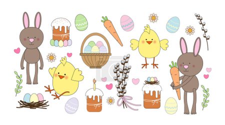 Easter set. Cute bunny and chick characters, eggs, Easter cake, pussy willow, nest, carrots, daisies, hearts. Vector spring holiday illustration in flat style isolated on white background