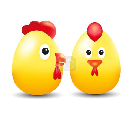 Easter eggs characters. Yellow 3D eggs. Cute chicks characters. Happy easter. Isolated vector illustration