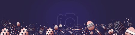 Easter banner with lace eggs in rose gold color on a dark blue background. Easter holiday background. Vector illustration