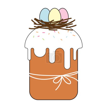Easter cake with icing and nest with eggs. Isolated vector illustration in flat style on white background