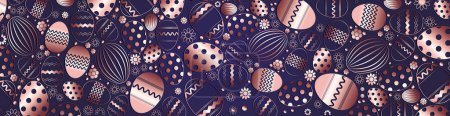 Téléchargez les illustrations : Bannière de Pâques avec des œufs en dentelle de couleur or rose sur fond bleu foncé. Fond de vacances de Pâques. Illustration vectorielle - en licence libre de droit