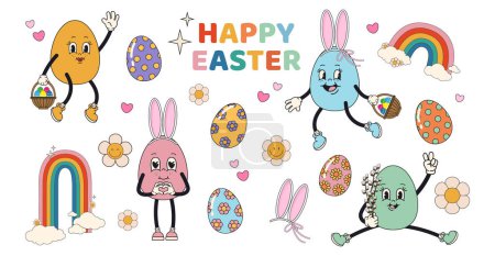 Groovy Easter set. Funny egg characters with cheerful faces. Vector illustration in trendy psychedelic retro style 60s, 70s isolated on white background.