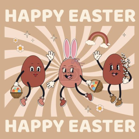 Groovy Easter card with funny eggs characters with cheerful faces. Vector illustration in trendy psychedelic retro style of the 60s, 70s isolsted on a white background.