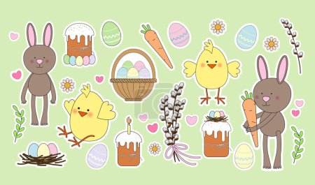 Easter set. Cute bunny and chick characters, eggs, Easter cake, pussy willow, nest, carrots, daisies, hearts. Vector spring holiday illustration in cartoon flat style