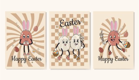 Groovy Easter. Funny eggs characters. Set of cards or posters. Vector illustration