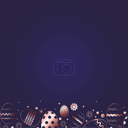 Easter holiday background. banner with lace eggs in rose gold color on a dark blue background. Vector illustration