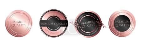 Productos de primera calidad pegatina, etiqueta, insignia, icono y logotipo. Ilustración vectorial en color oro rosa