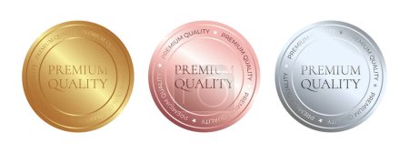Conjunto de oro, plata y oro rosa colores etiqueta, etiqueta, insignia, icono y logotipo. Productos de primera calidad. Ilustración vectorial