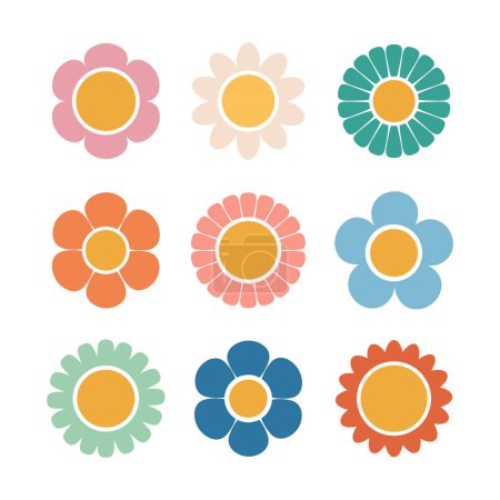 Set of flowers in flat style. Groovy daisies. Vector illustration on white background