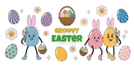 Groovy Easter set with funny eggs characters with cheerful faces. Vector illustration in trendy psychedelic retro style of the 60s, 70s isolsted on a white background.
