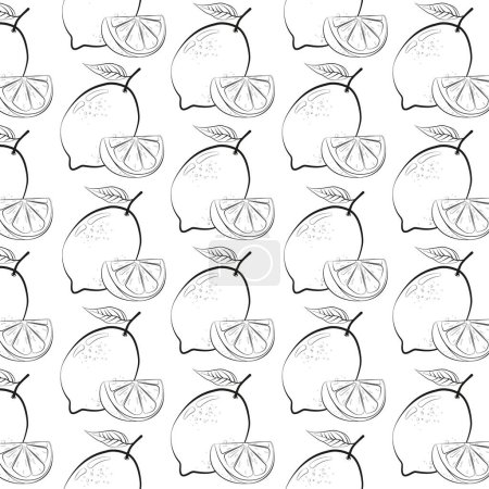 Seamless pattern with fresh lemon fruit in line drawing style. Vector illustration on a white background	