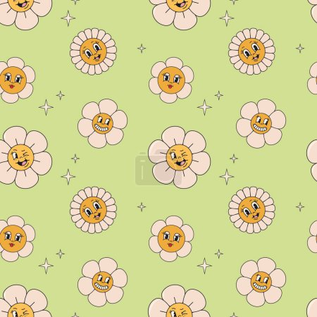 Groovy flowers in trendy retro psychedelic style. Seamless pattern.