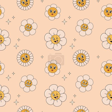 Groovy flowers in trendy retro psychedelic style. Seamless pattern.