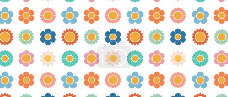 Seamless pattern with colorful flowers in flat style. Groovy daisies. Vector illustration