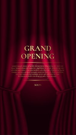 Ilustración de Gran inauguración. Banner vertical premium con cortina roja y texto dorado. Ilustración vectorial - Imagen libre de derechos
