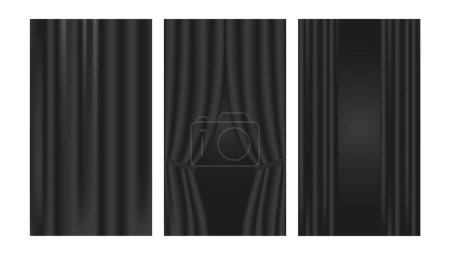 Cortinas de seda negra. Conjunto de banners con lugar para texto. Ilustración vectorial