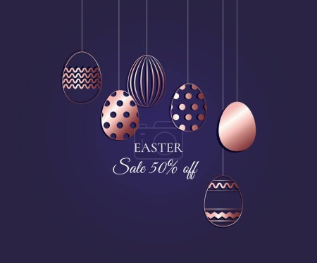 Téléchargez les illustrations : Vente bannière de Pâques avec des œufs de couleur or rose sur un fond bleu foncé. Illustration vectorielle - en licence libre de droit