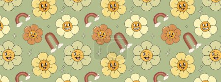 Groovy flowers in trendy retro psychedelic style. Seamless pattern.	
