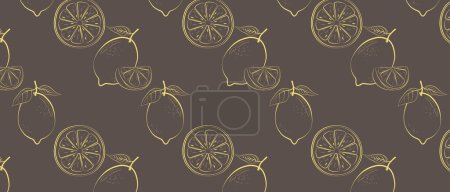 Seamless pattern with fresh lemon fruit in line drawing style. Vector illustration on a brown background