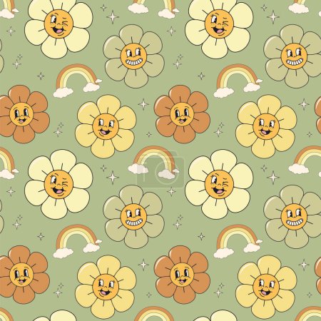 Groovy flowers in trendy retro psychedelic style. Funny flowers characters with faces. Seamless pattern. Vector illustration