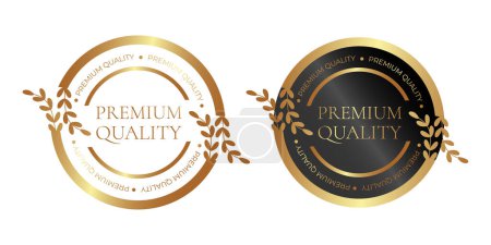 Premium quality. Sticker, label, badge, icon and logo. Vector illustration in golden and black colors