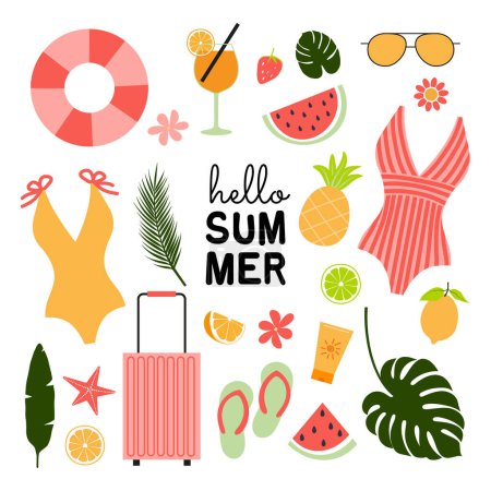 Conjunto de iconos de verano lindo. Hojas de palma tropical, frutas, trajes de baño, bebidas. Cartel de verano, elementos de scrapbooking. Ilustración vectorial.
