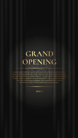Gran inauguración. Banner vertical de lujo con cortina negra y texto dorado. Ilustración vectorial