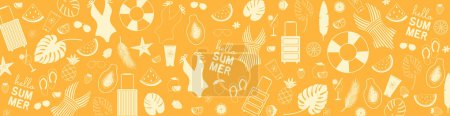 Ilustración de Banner de verano con trajes de baño dibujados a mano, gafas de sol, frutas, hojas tropicales y otros iconos de verano. Ilustración vectorial en colores cálidos - Imagen libre de derechos