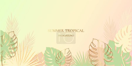 Téléchargez les illustrations : Bannière estivale aux feuilles tropicales. Fond tropical. Illustration vectorielle aux couleurs pastel avec or - en licence libre de droit