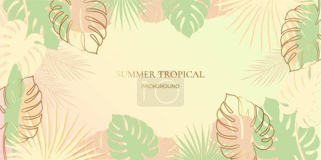 Téléchargez les illustrations : Bannière estivale aux feuilles tropicales. Fond tropical. Illustration vectorielle aux couleurs pastel avec or - en licence libre de droit