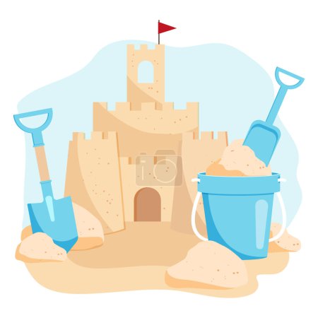 Château de sable, seau de sable, pelles. Jouets pour enfants pour bac à sable. Illustration vectorielle.