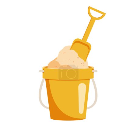 Bucket with sand and shovel. Yellow children's sandbox toy. Isolated vector illustration.