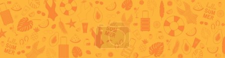 Ilustración de Fondo de verano con iconos de frutas, trajes de baño, gafas de sol, spf. Banner temático de playa. Ilustración vectorial en color naranja - Imagen libre de derechos
